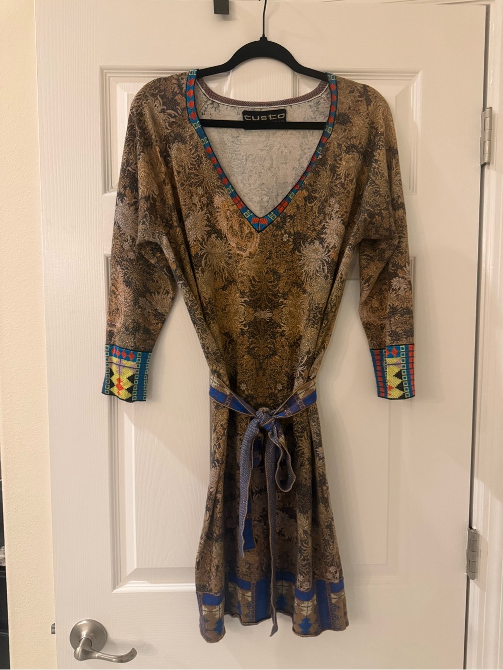 Custo Barcelona Brown Printed V-Neck Dress with Colorful Trim